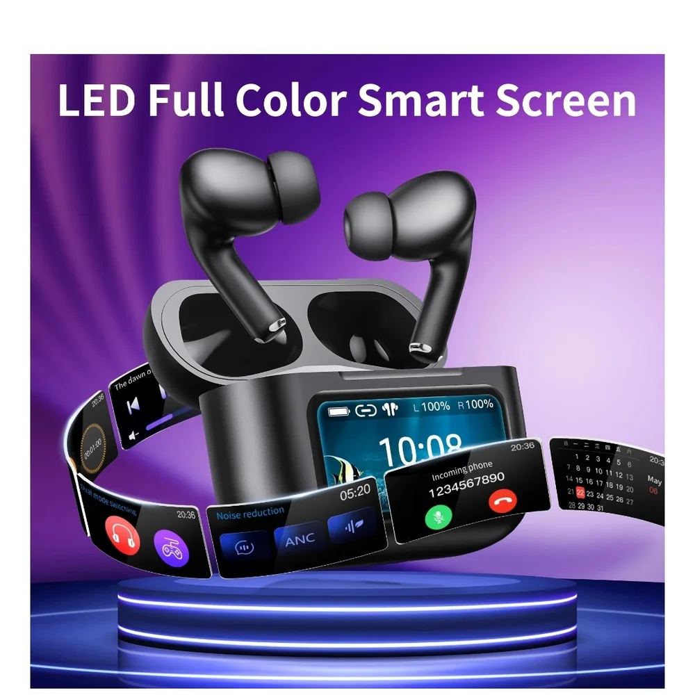 Smart Screen Black Wireless Earbuds with Charging Case